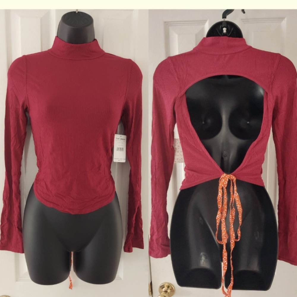 New Free People Edge of Town Long Sleeve Open Back Top Color Wine